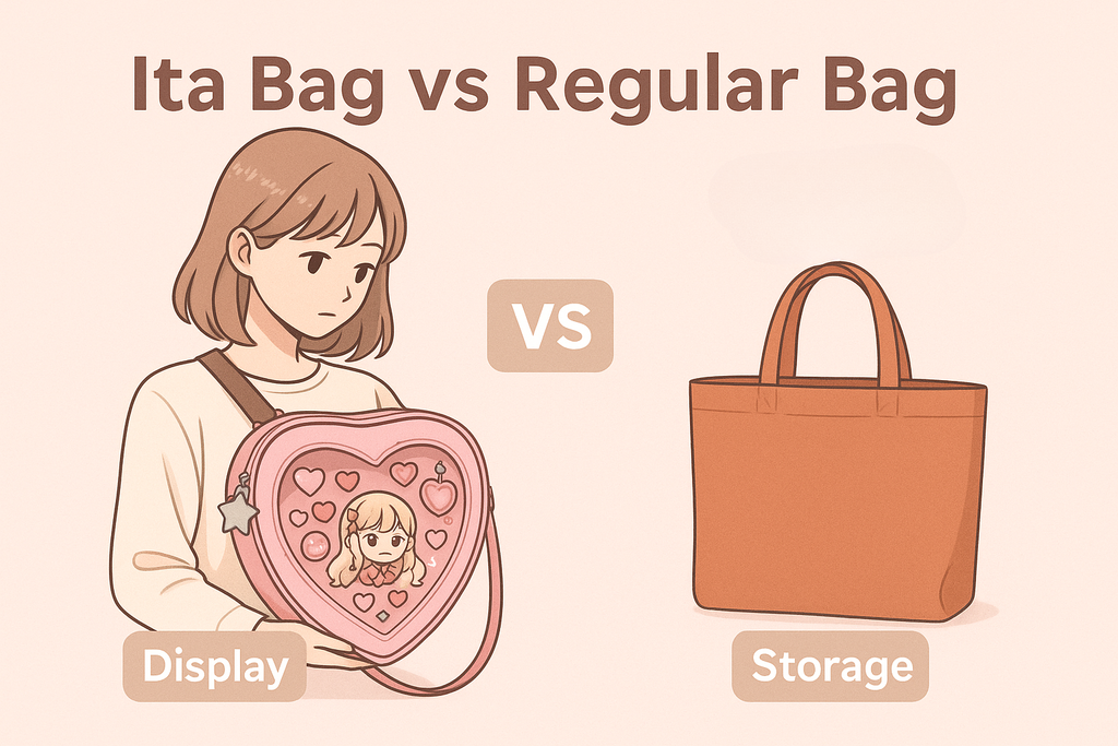 A girl holding an ita bag on the left versus a regular bag on the right