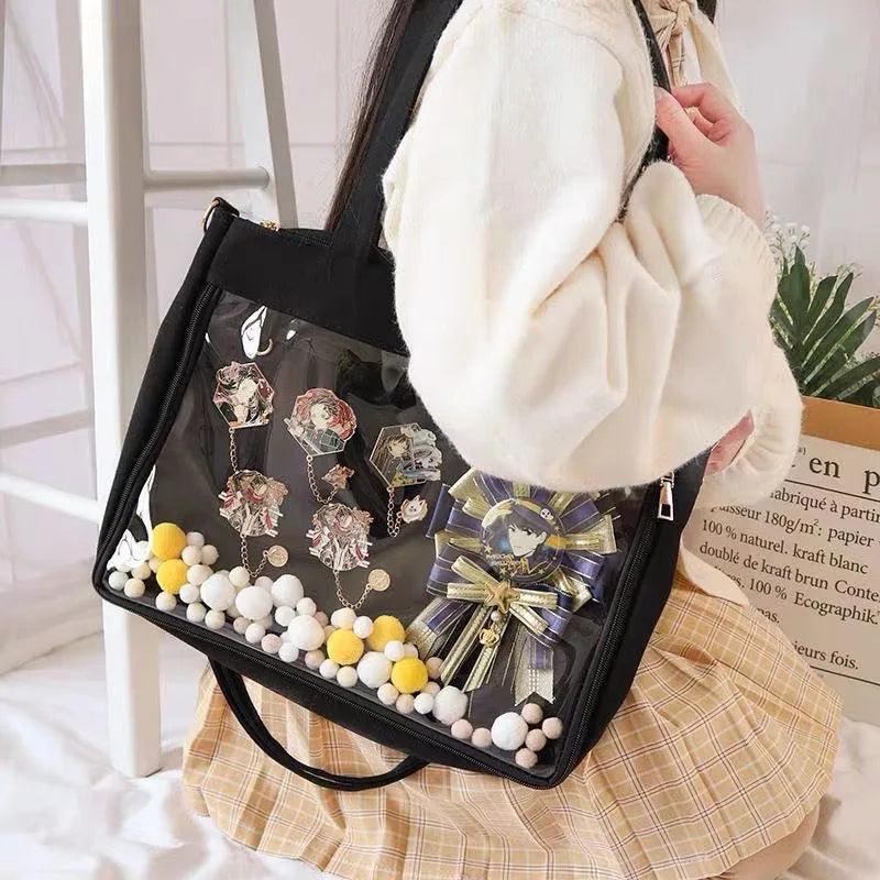 Black Canvas Shoulder Ita Bag - MoeMoeKyun